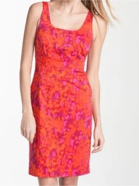 Scoop Neck Floral Sheath Dress in Orange & Pink